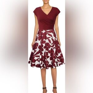 Floral A-Line dress, Crisscross Front - Red and White